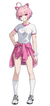 1girl absurdres ahoge animal_ear_hairband animal_ears cat_ear_hairband cat_ears clothes_around_waist collared_shirt dolphin_shorts fake_animal_ears full_body grin hairband hand_on_own_hip harper_(solo_leveling) highres jacket jacket_around_waist looking_at_viewer official_alternate_costume official_art pink_background pink_hair pink_jacket pink_shorts shirt shoes short_hair short_sleeves shorts simple_background smile socks solo solo_leveling solo_leveling:_arise transparent_background white_shirt white_shoes white_socks