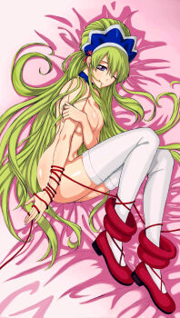 1girl breasts covering_breasts covering_privates green_hair hair_in_own_mouth hair_spread_out highres ixion_saga large_breasts long_hair mariandale nude red_string shoes string strongwang_qq thighhighs very_long_hair
