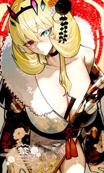 1girl bare_shoulders barghest_(fate) blonde_hair blush breasts choker cleavage collarbone commentary_request fate/grand_order fate_(series) floral_print green_eyes heterochromia highres horns huge_breasts japanese_clothes kabosoi_mangaka kimono long_hair long_sleeves looking_at_viewer off_shoulder red_eyes solo