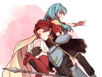 Rule 34 | 1boy, 1girl, 2025, aqua eyes, aqua hair, armor, black capelet, black shirt, boots, breastplate, breasts, cape, capelet, carrying, carrying over shoulder, carrying person, closed mouth, commentary request, eirika (fire emblem), fingerless gloves, fire emblem, fire emblem: the sacred stones, gloves, grey armor, holding, holding polearm, holding weapon, leg up, long hair, long sleeves, looking back, nintendo, open mouth, parted bangs, pink background, pointing, polearm, red boots, red eyes, red gloves, red hair, red shirt, sayu030b, seth (fire emblem), shirt, short hair, short sleeves, shoulder armor, skirt, small breasts, spear, thigh boots, thighhighs, two-tone background, watermark, weapon, white background, white skirt, yellow armor, yellow cape, zettai ryouiki