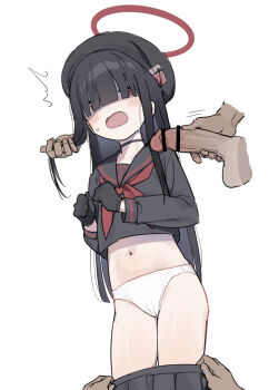 1boy 1girl 1other ^^^ assisted_exposure bar_censor beret black_choker black_gloves black_hair black_headwear black_serafuku black_skirt blue_archive blunt_bangs blunt_ends censored choker clothes_pull commentary_request cowboy_shot disembodied_hand disembodied_penis erection gloves hair_over_eyes halo hat healthyman hetero holding_another's_hair justice_task_force_member_(blue_archive) long_bangs long_hair long_sleeves male_masturbation masturbation navel neckerchief no_pants open_mouth panties penis pulling_another's_clothes red_eyes red_halo red_neckerchief school_uniform serafuku shaded_face simple_background skirt skirt_pull solo_focus surprised sweatdrop underwear undressing_another white_background white_panties