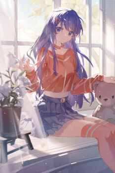 1girl bad_link blue_eyes blue_hair blue_skirt character_request flower hair_ornament highres indoors leaf long_hair looking_at_viewer miside mita_(miside) plant red_ribbon red_shirt red_thighhighs ribbon shirt skirt smile solo stuffed_animal stuffed_toy teddy_bear thighhighs tree white_flower window