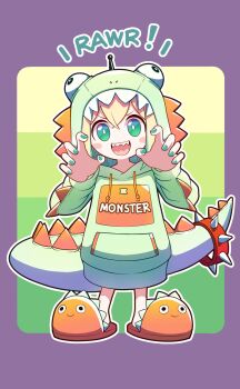 1girl :d amano_pikamee amano_pikamee_(dinosaur_hoodie) blonde_hair blush_stickers bright_pupils claw_pose collar commentary dinosaur_costume dinosaur_hood dinosaur_tail drawstring green_eyes green_hair green_hoodie highres hood hood_down hoodie long_sleeves looking_at_viewer onpa_(onpa_sound) open_mouth orange_slippers purple_background sharp_teeth slippers smile solo sound_effects spiked_collar spikes tail teeth v-shaped_eyebrows virtual_youtuber voms white_pupils