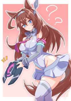 1girl ahoge animal_ears blue_eyes blush breasts brown_hair closed_mouth ear_ornament grey_hairband grey_leotard hair_between_eyes hair_ornament hairband highres horse_ears horse_girl horse_tail horseshoe_ornament large_breasts leotard long_hair looking_at_viewer lowleg lowleg_skirt mihono_bourbon_(mb-19890425)_(umamusume) mihono_bourbon_(umamusume) mokichi3356 necktie pink_necktie silver_hairband skirt solo tail umamusume white_leotard