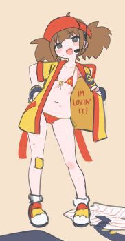 1girl :d absurdres badge bandaid bandaid_on_knee bandaid_on_leg bikini blush_stickers brown_hair button_badge chocpocalypse commentary flat_chest flat_color happi hat headset highres imadake_dabuchi_tabemi japanese_clothes mcdonald's navel necktie open_mouth red_bikini red_hat shirt shoes side-tie_bikini_bottom sketch smile solo sweat sweatdrop swimsuit symbol-only_commentary twintails unworn_necktie unworn_shirt visor_cap wrist_cuffs