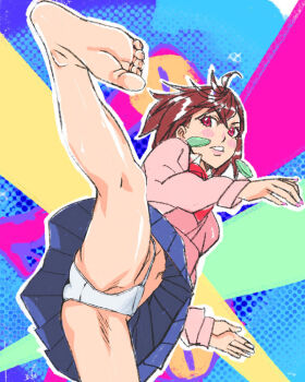 1girl ayase_momo barefoot blush brown_hair dandadan feet high_kick kicking medium_hair panties pantyshot parted_lips red_eyes soles toes touya_(msdonuts18) underwear