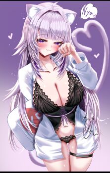 1girl absurdres ahoge animal_ears black_nightgown black_panties breasts cat_ears cat_girl cat_tail cleavage closed_mouth heart heart_tail highres hololive large_breasts long_hair looking_at_viewer nekomata_okayu nightgown nyan panties purple_background purple_eyes purple_hair shirt smile solo tail thigh_strap uchi1048 underwear very_long_hair virtual_youtuber white_shirt