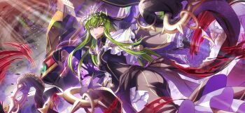 1girl black_dress breasts c.c. code_geass code_geass:_lost_stories dress f4samurai green_hair highres long_hair official_art sidelocks solo tiara yellow_eyes