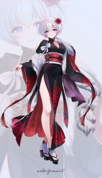 Rule 34 | 1girl, alternate costume, artist name, black kimono, black shoes, breasts, cleavage, closed mouth, colored inner hair, floral print, floral print kimono, full body, fur trim, goddess of victory: nikke, highres, japanese clothes, kimono, liliweiss (nikke), medium breasts, medium hair, multicolored hair, nekoponart, print kimono, shiny eyes, shoes, smile, solo, star-shaped pupils, star (symbol), symbol-shaped pupils, thighs, white hair