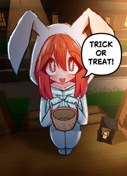 1girl absurdres animal_ear_hood animal_ears animal_hood basket blush bonbon_(bonzomcbonbon) collarbone cosplay english_text fake_animal_ears from_above grass hair_between_eyes heart heart-shaped_pupils highres holding holding_basket hood hood_up house ketchup_(bonzomcbonbon) kigurumi long_hair looking_up open_mouth original outdoors pajamas rabbit_hood red_eyes red_hair solo speech_bubble symbol-shaped_pupils teeth upper_teeth_only