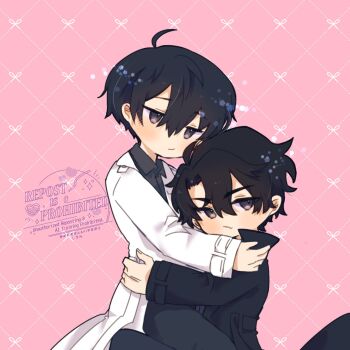 2boys :/ ahoge black_coat black_eyes black_hair black_shirt blush carrying carrying_person chibi chibi_only coat curtained_hair double-parted_bangs fang hair_between_eyes hand_on_another&#039;s_back hand_on_another&#039;s_shoulder highres kim_dokja kimidori_22 looking_at_viewer male_focus multiple_boys omniscient_reader&#039;s_viewpoint open_clothes open_coat popped_collar shirt short_hair skin_fang white_coat yoo_joonghyuk