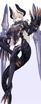 1girl :d black_horns black_tail black_thighhighs blonde_hair blush breastless_clothes breastless_leotard breasts breasts_apart carabiner claws covered_navel double_blade dragon_girl floating floating_object floating_weapon full_body gold_claws gold_horns hair_between_eyes hand_up highres horns knees_up large_breasts leotard long_hair looking_at_viewer looking_down mechanical_arms mechanical_collar mechanical_legs mechanical_tail mikan_lemon multicolored_horns open_mouth original red_eyes revealing_clothes see-through_clothes shrug_(clothing) simple_background slit_pupils smile solo tail teeth thigh_strap thighhighs upper_teeth_only weapon white_background