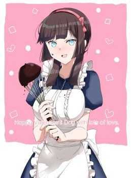 Rule 34 | 1girl, alternate costume, apron, black hair, blunt sidelocks, breasts, chocolate, commentary request, english text, freckles, frilled apron, frills, green eyes, hairband, happy valentine, highres, kantai collection, kimura shiki, long hair, looking at viewer, medium breasts, mogador (kancolle), pink background, pink hairband, sidelocks, solo, upper body, whisk, white apron