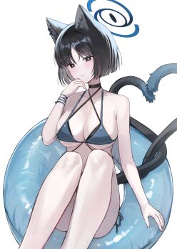 1girl absurdres animal_ears bikini black_eyes black_tail blue_archive blue_bikini blue_halo blue_tail cat_ears cat_girl cat_tail colored_inner_animal_ears commentary criss-cross_straps gradient_tail halo highres kikyou_(blue_archive) kikyou_(swimsuit)_(blue_archive) layered_bikini multi-strapped_bikini_bottom multiple_tails nez_(nez_0_0) official_alternate_costume solo swimsuit symbol-only_commentary tail two_tails