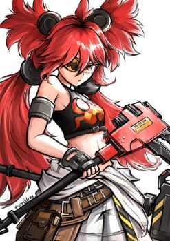 1girl ahoge andrewaprilio animal_ears bare_shoulders bear_ears black_gloves breasts crop_top eyepatch fake_animal_ears fingerless_gloves gloves hair_between_eyes hair_ornament highres holding koleda_belobog long_hair looking_at_viewer midriff navel pants red_eyes red_hair solo sphere_hair_ornament twintails zenless_zone_zero