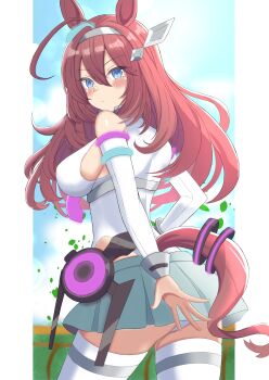 1girl absurdres ahoge animal_ears blue_eyes blue_sky breasts brown_hair commentary_request cowboy_shot expressionless hairband highres horse_ears horse_girl inori_mochi leotard long_hair looking_at_viewer mihono_bourbon_(mb-19890425)_(umamusume) mihono_bourbon_(umamusume) outdoors pleated_skirt sideboob skirt sky solo thighhighs umamusume white_leotard white_thighhighs