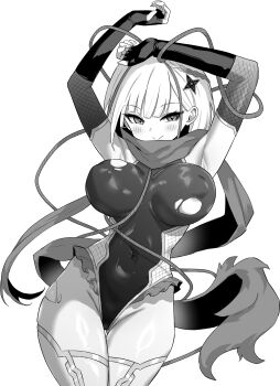 1girl areola_slip arms_up azur_lane bad_source bare_shoulders black_gloves blush breasts breasts_apart covered_navel elbow_gloves fishnets gloves greyscale groin highres hip_focus hori_(hori_no_su) i-404_(azur_lane) i-404_(dance_of_crimson_strings)_(azur_lane) large_breasts leotard looking_at_viewer medium_hair monochrome multicolored_hair rope scarf short_hair_with_long_locks shuriken_hair_ornament smile solo standing streaked_hair thigh_gap thighs torn_clothes torn_leotard two-tone_hair