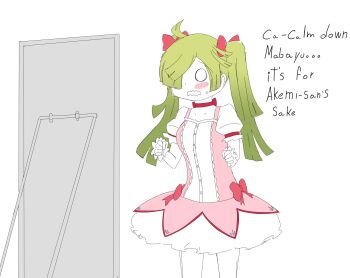 1girl aki_mabayu blush bow breasts cosplay cowboy_shot dress english_text green_hair hair_bow highres ironcarbon_wolf kaname_madoka kaname_madoka_(cosplay) looking_at_mirror magical_girl mahou_shoujo_madoka_magica medium_breasts mirror one_eye_covered pink_bow pink_dress puffy_short_sleeves puffy_sleeves short_sleeves solo sweatdrop talking twintails wavy_mouth