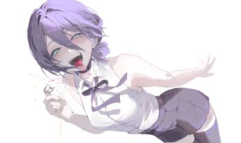 1girl bare_shoulders black_ribbon black_shorts black_thighhighs breasts chainsaw_man collared_shirt commentary_request green_eyes hair_between_eyes hair_bun highres looking_at_viewer neck_ribbon open_mouth purple_hair reze_(chainsaw_man) ribbon shirt shirt_tucked_in short_hair shorts simple_background single_hair_bun sleeveless sleeveless_shirt small_breasts solo teeth thighhighs tokkieee_qian tongue white_background white_shirt