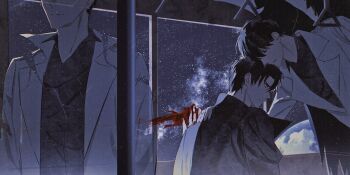 3boys 8d2suga9 black_coat black_eyes black_hair black_shirt coat collared_shirt hand_grip hand_on_another&#039;s_shoulder heads_together highres kim_dokja male_focus multiple_boys night omniscient_reader&#039;s_viewpoint open_clothes open_coat popped_collar shirt short_hair sky smeared_blood space star_(sky) starry_sky train_interior white_coat yoo_joonghyuk