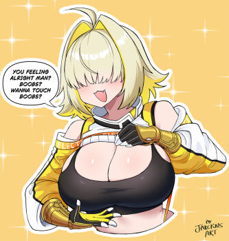 1girl :d ahoge bare_shoulders black_sports_bra blonde_hair blush boobs?_wanna_touch_boobs?_(meme) breasts clothing_cutout commentary crop_top cropped_sweater cropped_torso elegg_(nikke) english_commentary fang gloves goddess_of_victory:_nikke hair_intakes hair_over_eyes highres jarckius large_breasts long_bangs medium_hair meme multicolored_gloves open_mouth outline presenting_breasts sharp_teeth shiny_clothes shiny_skin shorts shoulder_cutout signature simple_background smile solo sparkle sports_bra suspender_shorts suspenders sweater teeth upper_body white_outline yellow_background