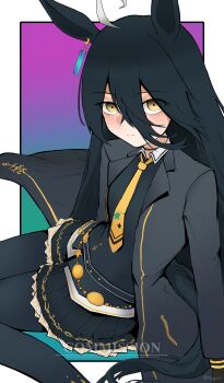 1girl absurdres ahoge animal_ears belt black_belt black_choker black_coat black_gloves black_pantyhose black_skirt black_vest blush choker closed_mouth coat collared_shirt ear_ornament ear_tag earrings gloves hair_between_eyes hem_peeking_out highres horse_ears horse_girl jewelry long_hair_between_eyes manhattan_cafe_(umamusume) multicolored_hair necktie open_clothes open_coat pantyhose pleated_skirt reiyurei shirt single_earring sitting skirt solo split_mouth umamusume vest wariza watermark white_hair white_shirt yellow_necktie