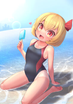 1girl :d absurdres alternate_costume barefoot beach black_one-piece_swimsuit blonde_hair blue_sky blush bow breasts clear_sky commentary_request covered_navel day fang food full_body hair_bow harunoha heart highres holding holding_food holding_popsicle in-universe_location looking_at_viewer misty_lake one-piece_swimsuit open_mouth orange_eyes outdoors popsicle red_bow rumia scarlet_devil_mansion seiza short_hair sitting skin_fang sky small_breasts smile solo sun swimsuit tan tanline touhou water waves