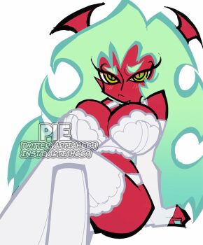 1girl artiah669 blue_hair breasts colored_skin commentary demon_girl demon_horns english_commentary green_eyes green_hair horns large_breasts lingerie long_hair looking_at_viewer panty_&amp;_stocking_with_garterbelt red_skin scanty_(psg) solo underwear