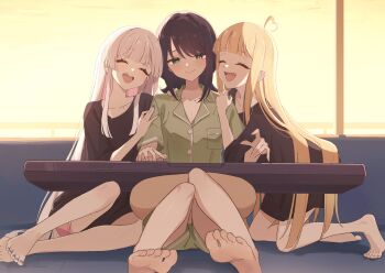 3girls ahoge backlighting barefoot black_hair blonde_hair blush cho_kaguya-hime! closed_eyes collarbone collarbone_piercing commentary_request couch fang girl_sandwich green_eyes grey_hair hand_on_another's_shoulder heart heart_ahoge highres instrument kaguya_(cho_kaguya-hime!) keyboard_(instrument) long_hair mole mole_under_eye multicolored_hair multiple_girls nail_polish open_mouth pillow pink_hair pointing purple_nails runami_yachiyo sakayori_iroha sandwiched short_sleeves sitting smile soraneko_maru toenail_polish toenails two-tone_hair upper_body window yuri