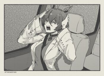 1girl agnes_tachyon_(tach-nology)_(umamusume) agnes_tachyon_(umamusume) animal_ears car_interior car_seat commentary death_grips greyscale guillotine_(death_grips) hair_between_eyes hands_on_own_head headache horse_ears horse_girl lab_coat long_sleeves monochrome pain parody pose_imitation safety_belt short_hair sidelocks solo static tyrone umamusume window