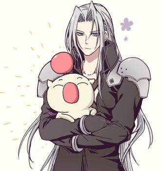Rule 34 | 1boy, 20x26tks, armor, black coat, bracelet, chest strap, closed mouth, coat, collarbone, commentary request, final fantasy, final fantasy vii, final fantasy vii remake, green eyes, grey hair, jewelry, long hair, long sleeves, male focus, moogle, parted bangs, sephiroth, shoulder armor, simple background, solo, upper body