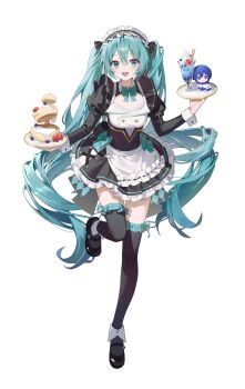 1girl absurdres apron aqua_bow aqua_bowtie aqua_eyes aqua_hair black_shoes black_thighhighs bow bowtie emduck food full_body hatsune_miku highres kaito_(vocaloid) long_hair long_sleeves maid maid_apron maid_headdress open_mouth shirt shoes simple_background skirt smile solo standing standing_on_one_leg teeth thighhighs twintails upper_teeth_only very_long_hair vocaloid white_apron white_background white_wrist_cuffs wrist_cuffs zettai_ryouiki