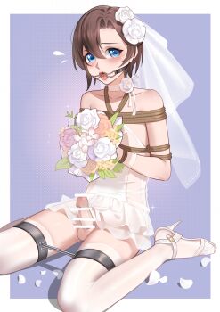 1boy absurdres bar_censor bare_shoulders bdsm blue_eyes blush bondage bound bound_torso bouquet brown_hair censored choker cock_ring commission crossdressing crossdressing_(mtf) dress erection flower full_body furrowed_brow gag gloves hair_flower hair_ornament high_heels highres holding holding_bouquet male_focus neck_flower open-toe_shoes open_mouth original outside_border penis purple_background ring_gag rope rose sex_toy shoes short_dress short_hair sijingyu solo testicles thigh_cuffs thighhighs tongue tongue_out trap veil wedding_dress white_background white_choker white_dress white_flower white_gloves white_rose white_shoes white_thighhighs white_veil