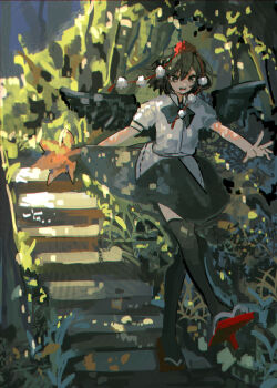 Rule 34 | 1girl, absurdres, black skirt, black thighhighs, black wings, brown eyes, brown hair, commentary request, geta, hat, highres, leaf fan, medium hair, outdoors, parted lips, pom pom (clothes), shameimaru aya, shi chimi, shirt, short sleeves, skirt, smile, solo, stairs, tengu-geta, thighhighs, tokin hat, touhou, tree, white shirt, wings, zettai ryouiki