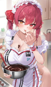 Rule 34 | 1girl, apron, blush, bowl, bowl hat, breasts, chocolate, chocolate making, chocolate on body, chocolate on breasts, collarbone, food on body, hat, heterochromia, highres, hololive, hololive 3rd generation live outfit, houshou marine, indoors, kitchen, large breasts, licking, licking finger, maid headdress, naked apron, official alternate costume, oritonagi, red eyes, red hair, solo, tongue, tongue out, twintails, valentine, virtual youtuber, yellow eyes