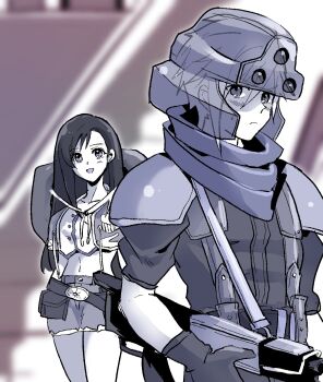 1boy 1girl armor averting_eyes belt black_hair blurry blurry_background blush cloud_strife cowboy_hat crisis_core:_final_fantasy_vii crop_top feet_out_of_frame final_fantasy final_fantasy_vii gun hat helmet highres holding holding_gun holding_weapon long_hair looking_at_another midriff miniskirt motsutei open_clothes open_mouth open_vest scarf shinra_infantry shinra_infantry_uniform shoulder_armor skirt suspenders tifa_lockhart tifa_lockhart_(cowgirl) unworn_hat unworn_headwear upper_body vest weapon