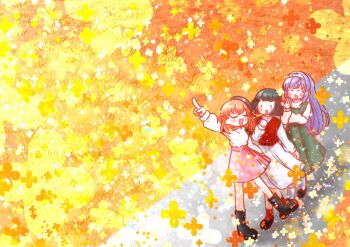 3girls :d alt_text black_boots black_hair black_hat black_shoes blunt_bangs blunt_ends bob_cut boots bow bow_hairband cerise_bouquet commentary_request dress flower flower_knot green_dress hair_bow hair_flower hair_ornament hairband hat highres hinoshita_kaho hinoshita_kaho_(first_date) link!_like!_love_live! long_sleeves love_live! medium_hair miniskirt momose_ginko momose_ginko_(hanamusubi_casual) multiple_girls official_alternate_costume open_mouth orange_hair otomune_kozue otomune_kozue_(first_date) pinafore_dress pink_flower pink_skirt purple_hair red_socks red_sweater_vest second-party_source shirt shoes short_hair sidelocks skirt sleeveless sleeveless_dress smile socks sweater_vest tilted_headwear two_side_up uomomiji virtual_youtuber walking white_bow white_dress white_hairband white_shirt white_socks