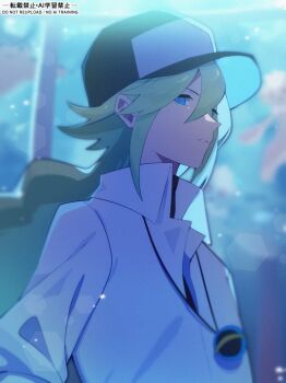 1boy black_hat blue_eyes blurry blurry_background frillish frillish_(female) frillish_(male) gen_2_pokemon gen_5_pokemon green_hair hair_between_eyes hashtag-only_commentary hat jewelry long_hair looking_at_viewer male_focus mantine marine_tube n_(pokemon) necklace nintendo parted_lips pokemon pokemon_(creature) pokemon_bw2 riki_(inushima_) shirt upper_body white_shirt