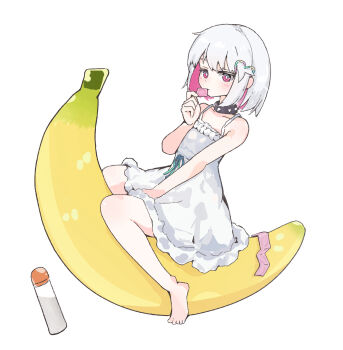 1girl banana barefoot bright_pupils choker collarbone commentary_request condom condom_in_mouth condom_packet_strip condom_wrapper dohna_dohna_issho_ni_warui_koto_o_shiyou dress food fruit full_body hair_ornament highres holding holding_condom looking_at_viewer lotion_bottle lube mouth_hold on_food pink_eyes porno_(dohna_dohna) short_hair simple_background sitting solo uch1malll white_background white_dress white_hair white_pupils