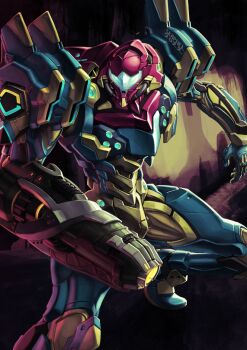 arm_cannon assault_visor cave fusion_suit glowing glowing_eyes humanoid_robot mecha mechanization metroid metroid_fusion neon_genesis_evangelion nintendo power_suit_(metroid) robot skaphel weapon