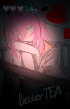 1girl absurdres artist_name aubrey_(faraway)_(omori) aubrey_(omori) bare_legs better_tea blue_eyes blue_hairband bow_hairband chinese_commentary closed_mouth colored_eyelashes commentary_request crib double-parted_bangs expressionless feet_out_of_frame grey_background hair_between_eyes hair_intakes hairband half-closed_eyes head_tilt heart heatr highres indoors jacket jitome long_hair looking_at_viewer omori procreate_(medium) puffy_short_sleeves puffy_sleeves sailor_collar short_sleeves simple_background sitting solo straight_hair vignetting white_jacket yellow_sailor_collar