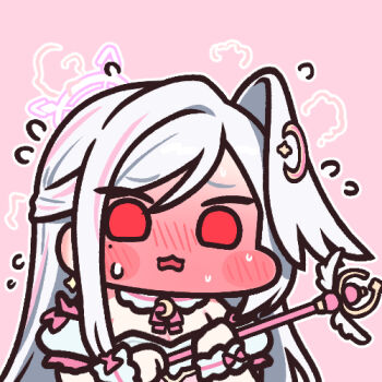 1girl bare_shoulders blue_archive blush blush_stickers chibi chibi_only commentary_request crescent crescent_hair_ornament detached_sleeves earrings embarrassed full-face_blush hair_ornament half_updo halo head_wings holding holding_wand jazz_jack jewelry long_hair lowres magical_girl mole mole_under_eye motion_lines multicolored_hair neck_ribbon nervous_sweating pink_background pink_hair pink_halo pink_ribbon red_eyes ribbon single_hair_intake single_head_wing solo star_(symbol) star_earrings streaked_hair suzumi_(blue_archive) suzumi_(magical)_(blue_archive) sweat very_long_hair wand white_hair wings