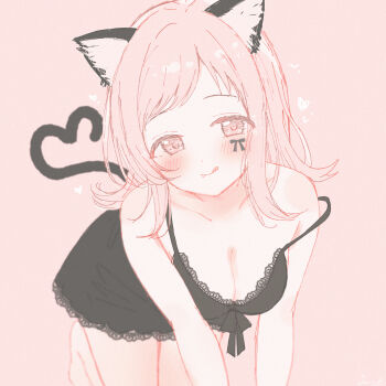 Rule 34 | 1girl, :q, all fours, animal ears, bare arms, bare legs, barefoot, black chemise, blush, breasts, cat ears, cat tail, chemise, cleavage, collarbone, commentary request, flipped hair, gameso, heart, highres, idolmaster, idolmaster shiny colors, kemonomimi mode, lace-trimmed chemise, looking at viewer, medium breasts, medium hair, sakuragi mano, simple background, smile, solo, strap slip, tail, tongue, tongue out