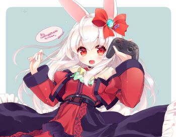 1girl animal_ears arms_up black_dress blue_background blush border bow collar commentary_request controller cowboy_shot crossed_bangs detached_sleeves dress floating_clothes floating_hair frilled_dress frills game_controller gem_hair_ornament green_collar hair_between_eyes hair_bow happy_birthday holding holding_controller holding_game_controller holding_own_hair indie_virtual_youtuber layered_collar long_hair long_sleeves looking_at_viewer mitaonsha mixed-language_text nintendo_switch_pro_controller open_mouth rabbit_ears rabbit_girl red_bow red_dress red_eyes rounded_corners simple_background smile solo speech_bubble translation_request twitter_username two-tone_dress virtual_youtuber white_border white_hair yellow_collar