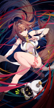 Rule 34 | !, !!, > <, 1girl, absurdres, animal ears, arm cutout, bangboo (zenless zone zero), bare shoulders, bell, breasts, brown hair, brown tail, china dress, chinese clothes, cleavage, closed mouth, clothing cutout, detached sleeves, dress, droopy ears, floating hair, hair between eyes, hair intakes, headband, high heels, highres, jingle bell, kuji-in, large breasts, leg tattoo, leg up, legs, long hair, looking at viewer, midair, pelvic curtain, red eyes, see-through cleavage, see-through clothes, sidelocks, smile, solo, tail, tang ke, tattoo, thighs, very long hair, white dress, wind, ye shunguang, zenless zone zero