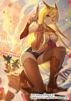 1girl 2others aqua_eyes blonde_hair boots breasts brown_boots brown_jacket building cleavage closed_mouth cloud cloudy_sky copyright_notice damage_numbers explosion gold_trim gradient_sky gun hair_ornament highres holding holding_gun holding_weapon huge_breasts jacket long_hair multiple_others navel neckerchief official_art on_one_knee one_eye_closed open_clothes open_jacket outdoors petals red_neckerchief rigel_(z/x) sakofu short_shorts shorts sky sleeveless sleeveless_jacket thighhighs very_long_hair weapon white_thighhighs z/x
