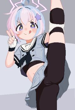 1girl :p abraxas absurdres ahoge ass black_neckerchief blue_archive blue_hair blush cameltoe female_focus flat_chest flexible grey_serafuku grey_shirt grey_skirt hair_ornament halo highres leg_hold leg_lift leg_up licking_lips loli looking_at_viewer midriff multicolored_hair naughty_face navel neckerchief pink_hair pink_halo pixel_art pussy reisa_(blue_archive) sailor_collar school_uniform serafuku shirt short_hair skirt smile solo split spread_legs standing standing_on_one_leg standing_split star-shaped_pupils star_(symbol) star_hair_ornament star_halo stomach symbol-shaped_pupils thighs tongue tongue_out two-tone_hair white_sailor_collar