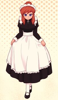 1girl a_hat_in_time absurdres aged_up black_dress black_shoes blue_eyes brown_hair closed_mouth commentary dress english_commentary full_body hat_kid highres long_sleeves looking_at_viewer maid maid_headdress shoes sidelocks solo split_mouth thighhighs white_headdress white_thighhighs xyronii yellow_background