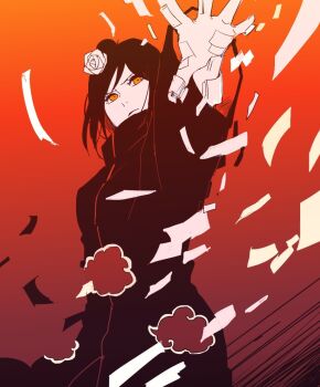 1girl akatsuki_(naruto) akatsuki_uniform breasts flower hair_flower hair_ornament konan_(naruto) meitarou naruto_(series) naruto_shippuuden orange_eyes paper short_hair solo