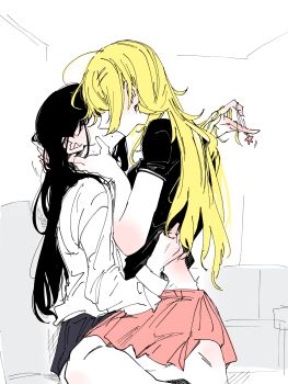 Rule 34 | 2girls, black hair, black shirt, blonde hair, clothes lift, commentary, hachimiya meguru, hand in another's hair, hand on another's neck, highres, idolmaster, idolmaster shiny colors, kazano hiori, kiss, long hair, mole, mole under mouth, multiple girls, pink skirt, shirt, shirt lift, sitting, sitting on lap, sitting on person, skirt, sweat, white shirt, yukamisote, yuri
